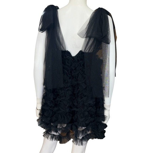 Black Sheer Tulle Ruffle Dress Bow Shoulder Fairy Goth Romantic Aesthetic XS - Picture 4 of 11